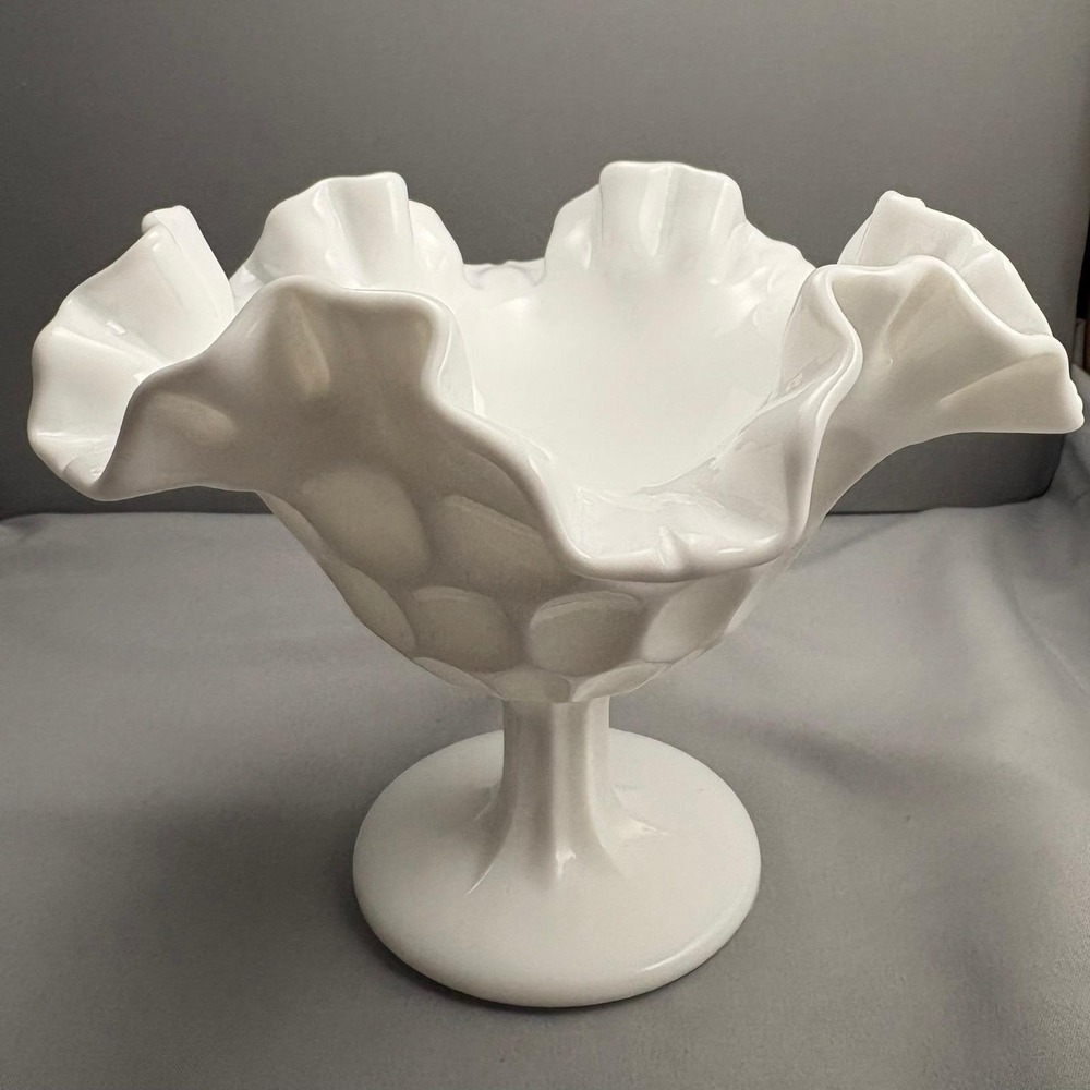Fenton White Milk Glass Thumbprint Compote Pedestal Bowl Ruffled Edge Vintage 5" - Picture 2 of 8